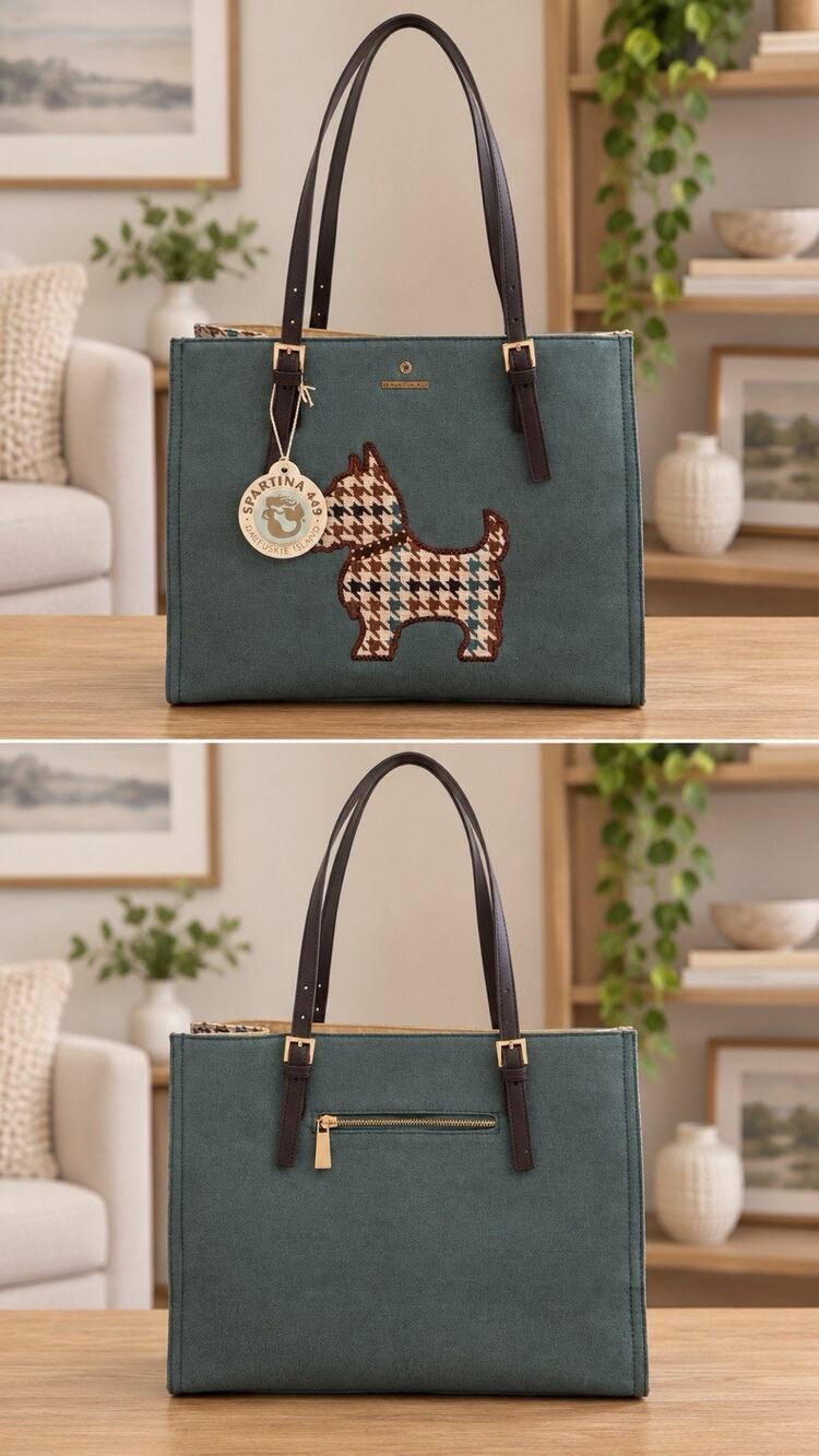 Spartina 449 Eliza Tote Bag Teal Green Houndstooth Scottie Dog Applique Canvas